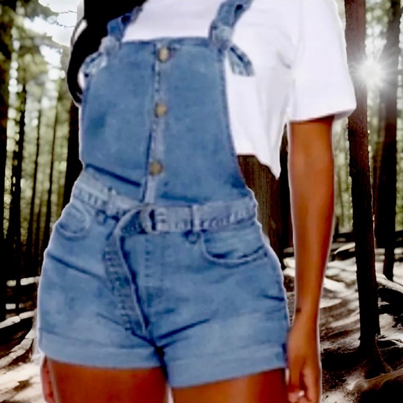 90’s Style Trend Stone Wash Style Button High Waist Overalls Demin Jumper Shorts - Picture 10 of 16